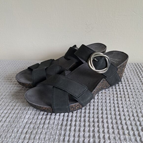 Dansko Black Wedge Sandals with Silver Buckle - Picture 2 of 16